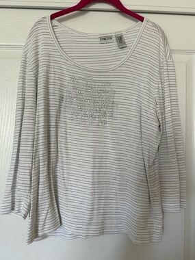Chico's White and Gray Striped Long-Sleeve Top with Silver Embellishment